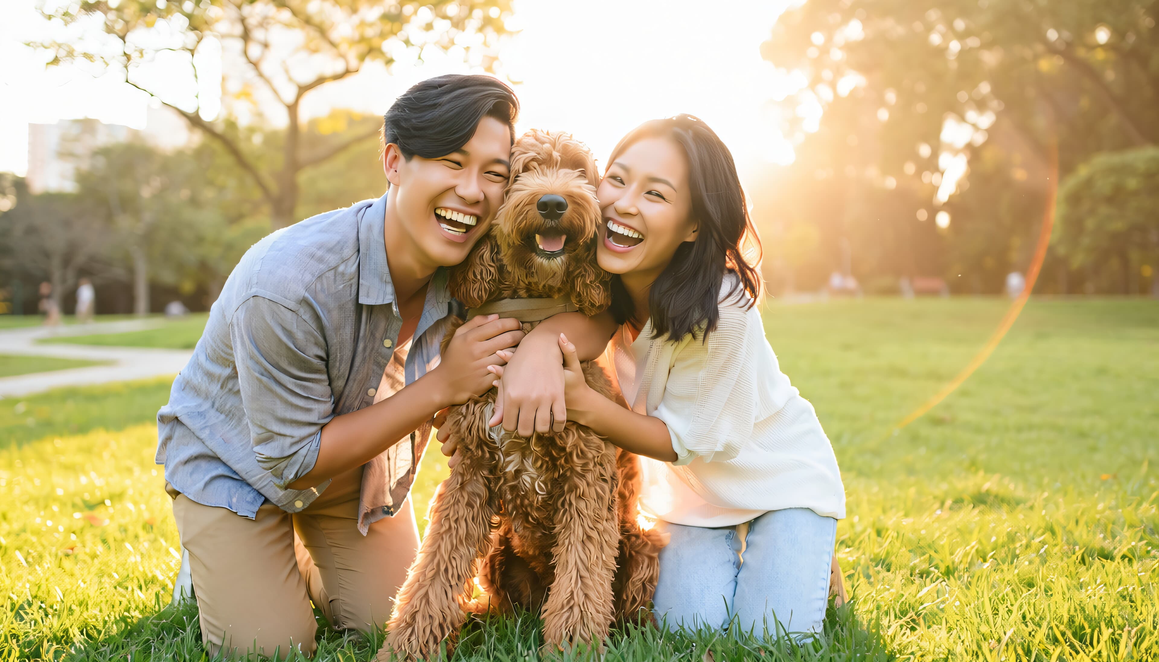 A happy family with their newly adopted doodle