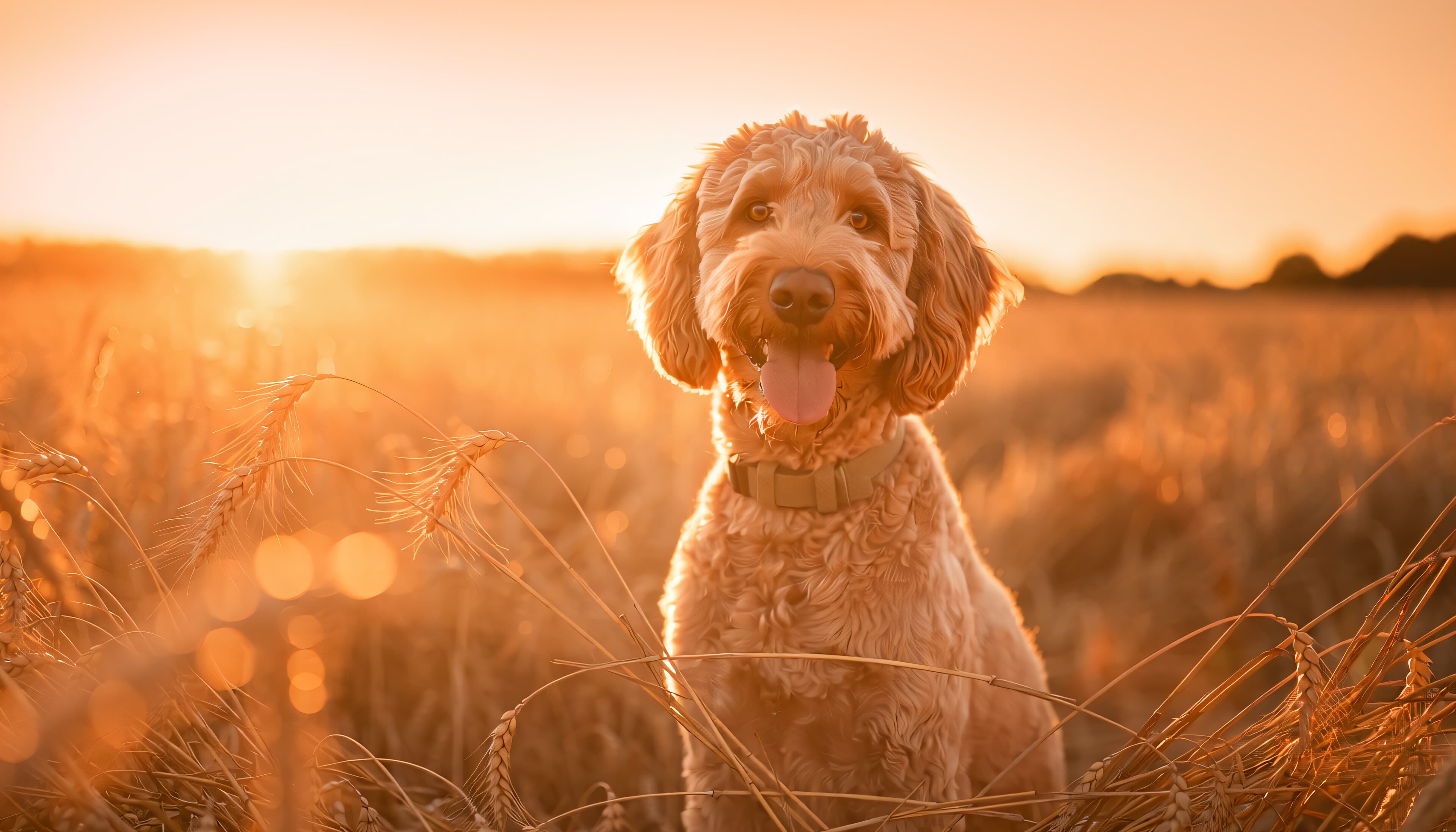 A rescued goldendoodle in a golden meadow at sunset
